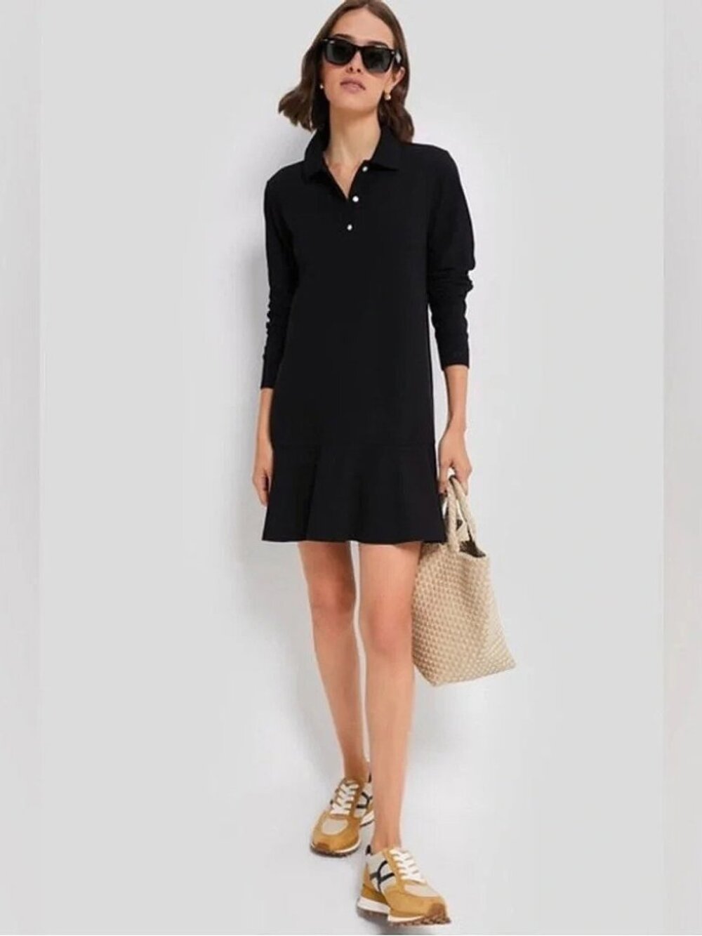 New Tuckernuck 100% Cotton Pique Long Sleeve Polo Mini Dress Black Large